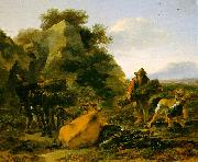 Nicholaes Berchem Landscape with Herdsmen Gathering Sticks painting